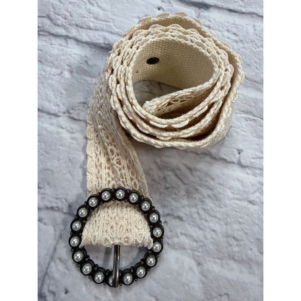 Lace Canvas Belt Womens Size 3 Cream Excellent Pearl Buckle Boho Cottage